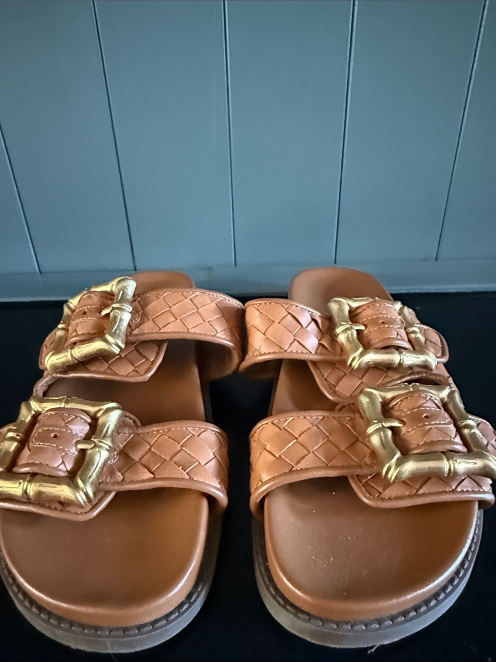 Schultz Braided Leather Double-Buckle Slide Sandals in Cognac - Picture 7 of 7